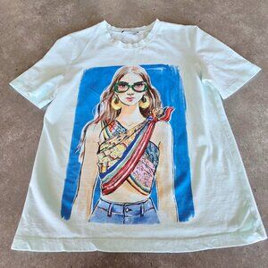 ZARA Women's Light Blue Cotton Short Sleeves Tee-Shirt w/Graphic Print - Size SM